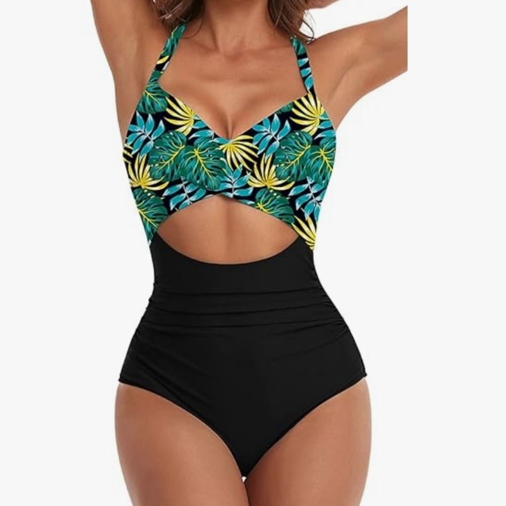 Eomenie Floral Swimsuit Tummy Control Cutout High‎ Waisted sz L NWOT